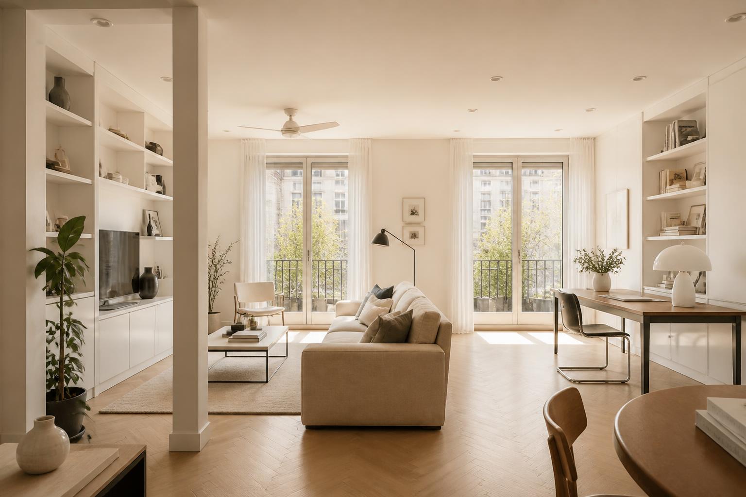 Salón diáfano con zona de trabajo en Almagro, Madrid