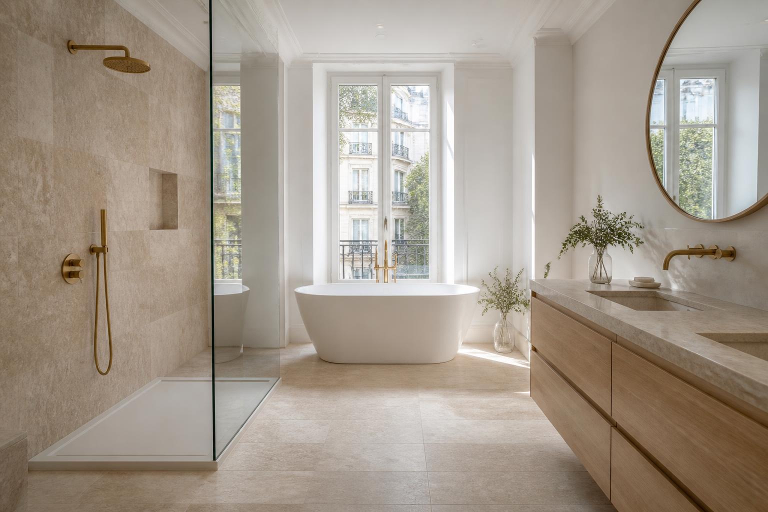 Baño principal en travertino en Retiro, Madrid